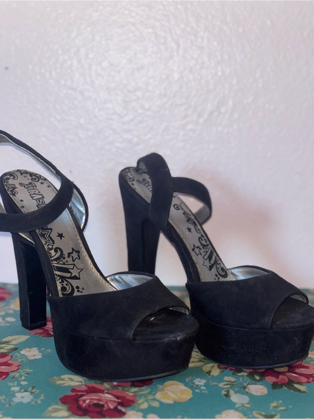 Brash Black Suede Platform Heels with Ankle Strap Size 6.5